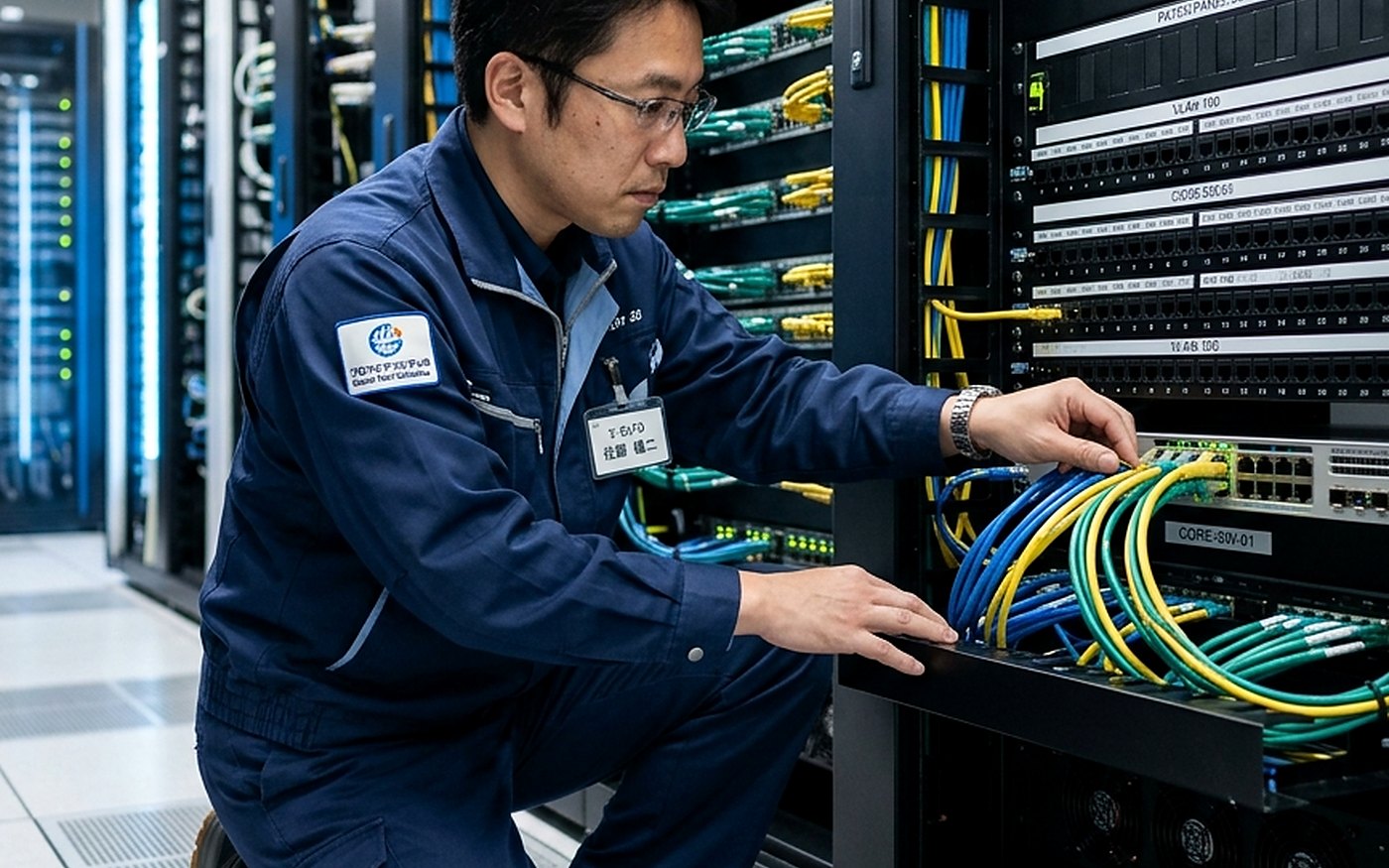 ネットワークラック内のケーブルを確認する作業